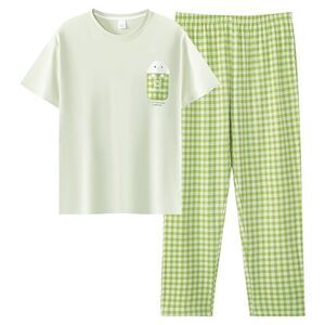 New Cotton Women Pajama Set Short Sleeve Pullover Top Long PJ Pants L XL XXL